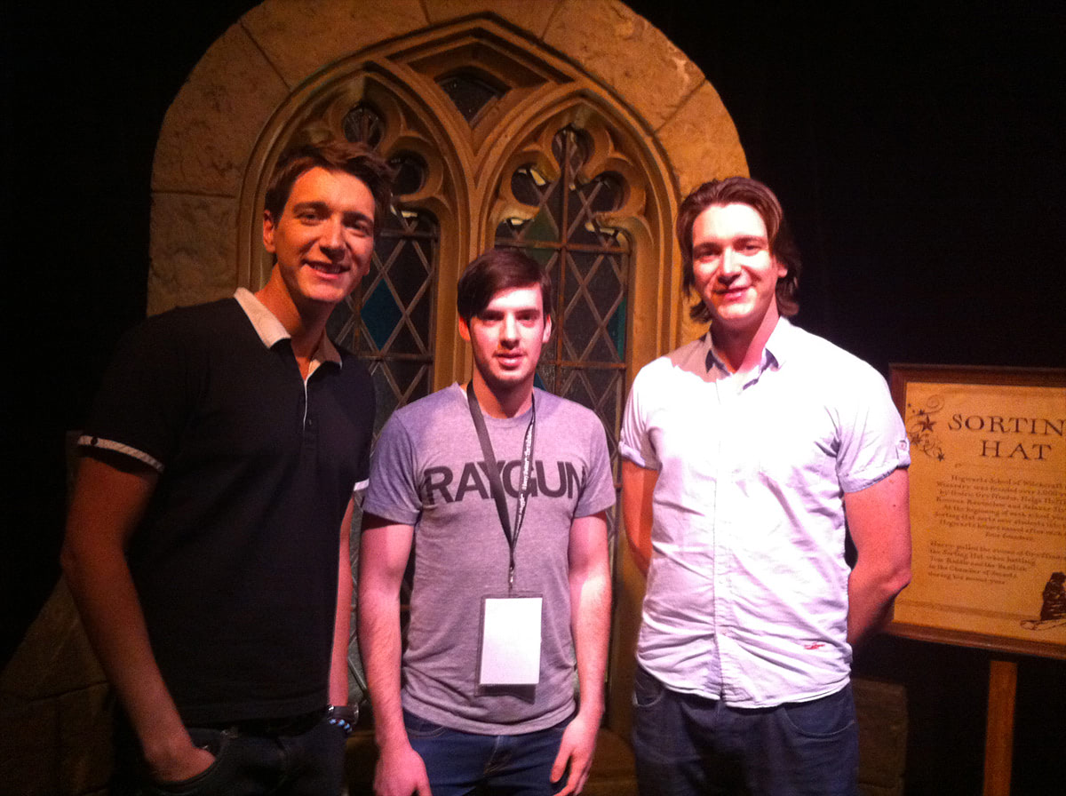 Andy McCray meets James and Oliver Phelps at the Harry Potter exhibition launch in Sydney.