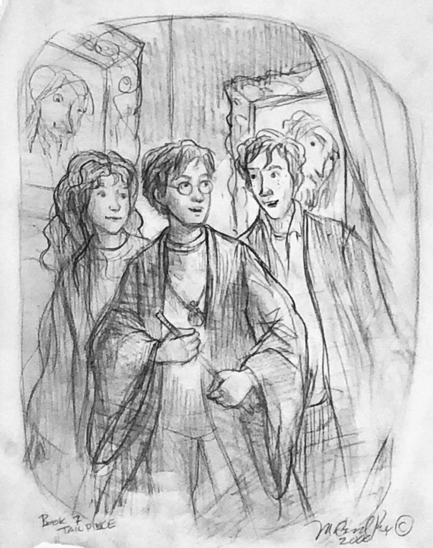‘Deathy Hallows’ tail piece (unpublished Mary GrandPré sketch)