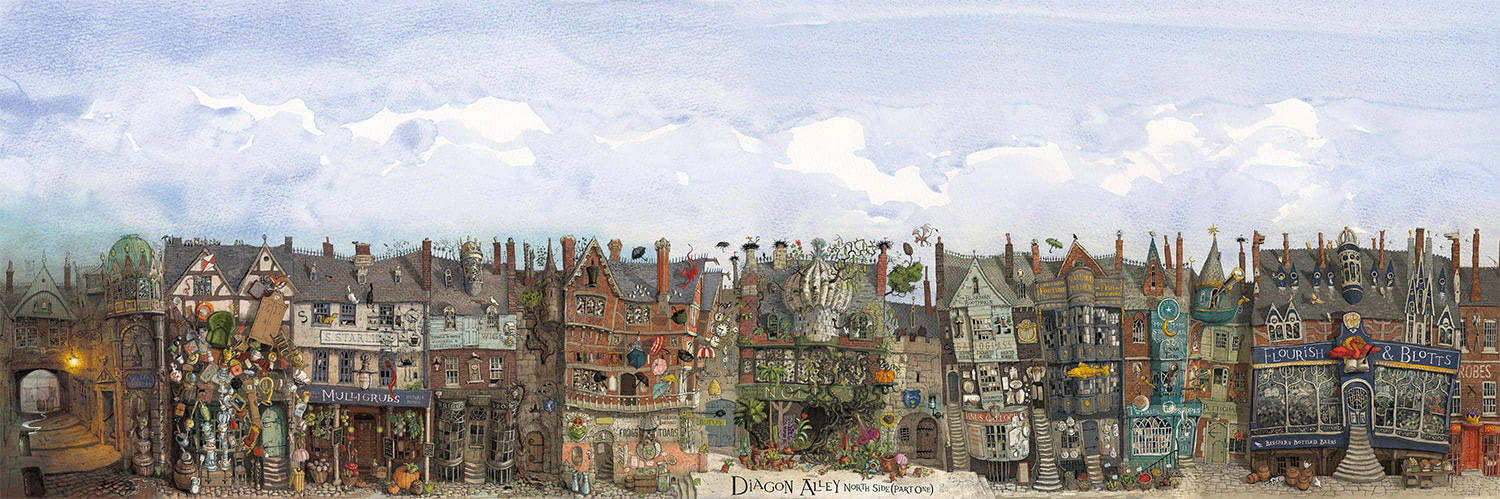 Jim Kay’s Diagon Alley panorama.