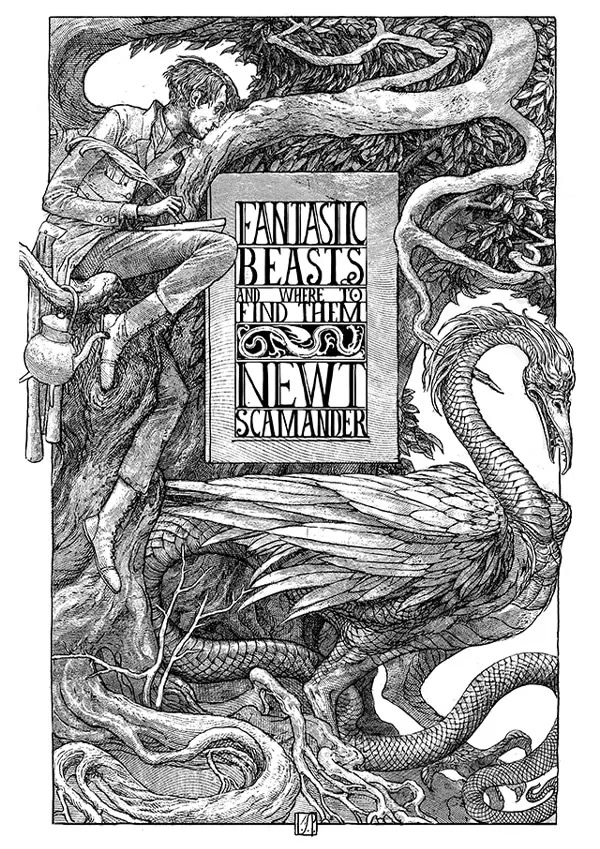 Newt studies Fantastic Beasts and Where to Find Them (house editions)