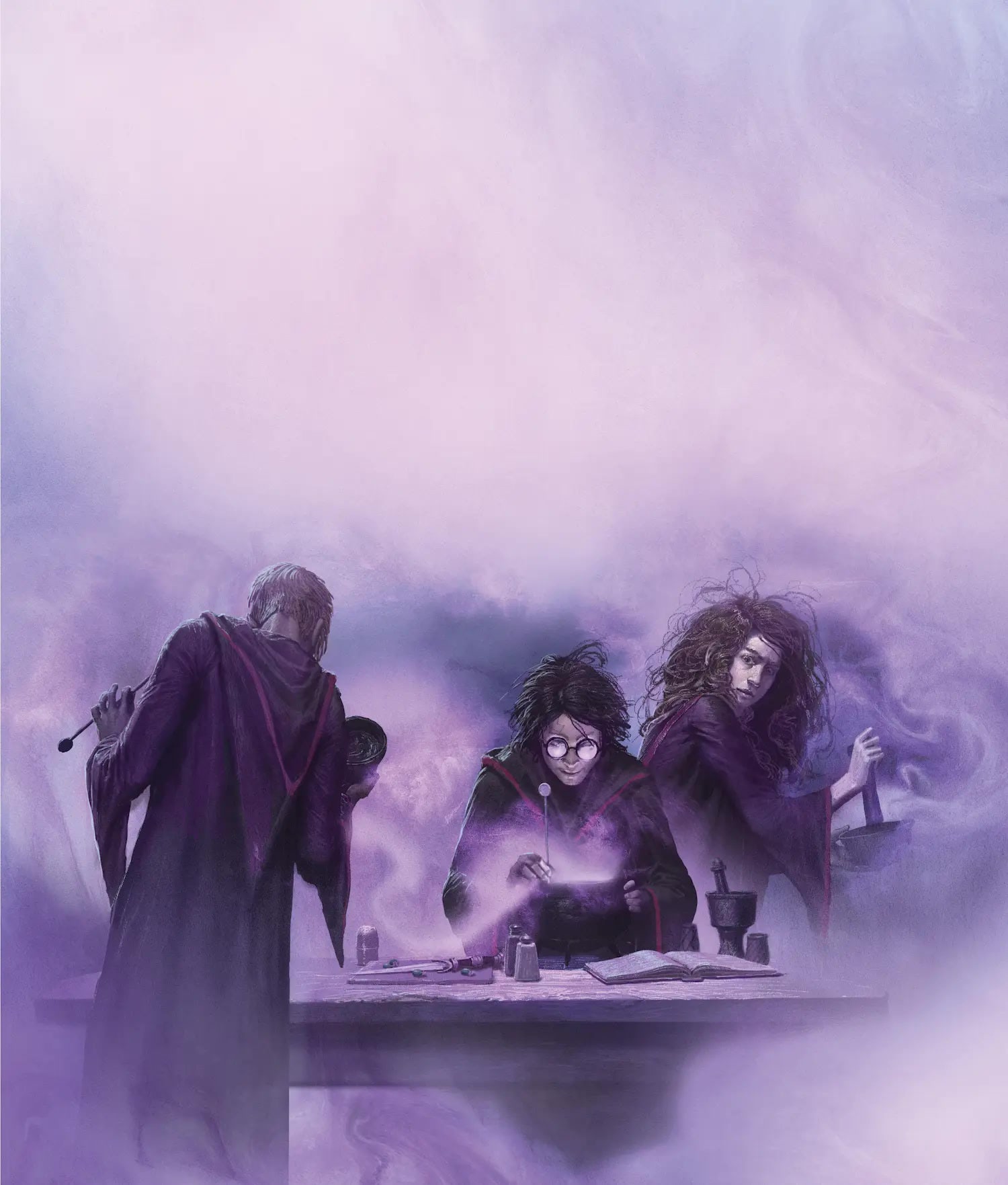 Harry, Ron and Hermione in Slughorn’s Potions class