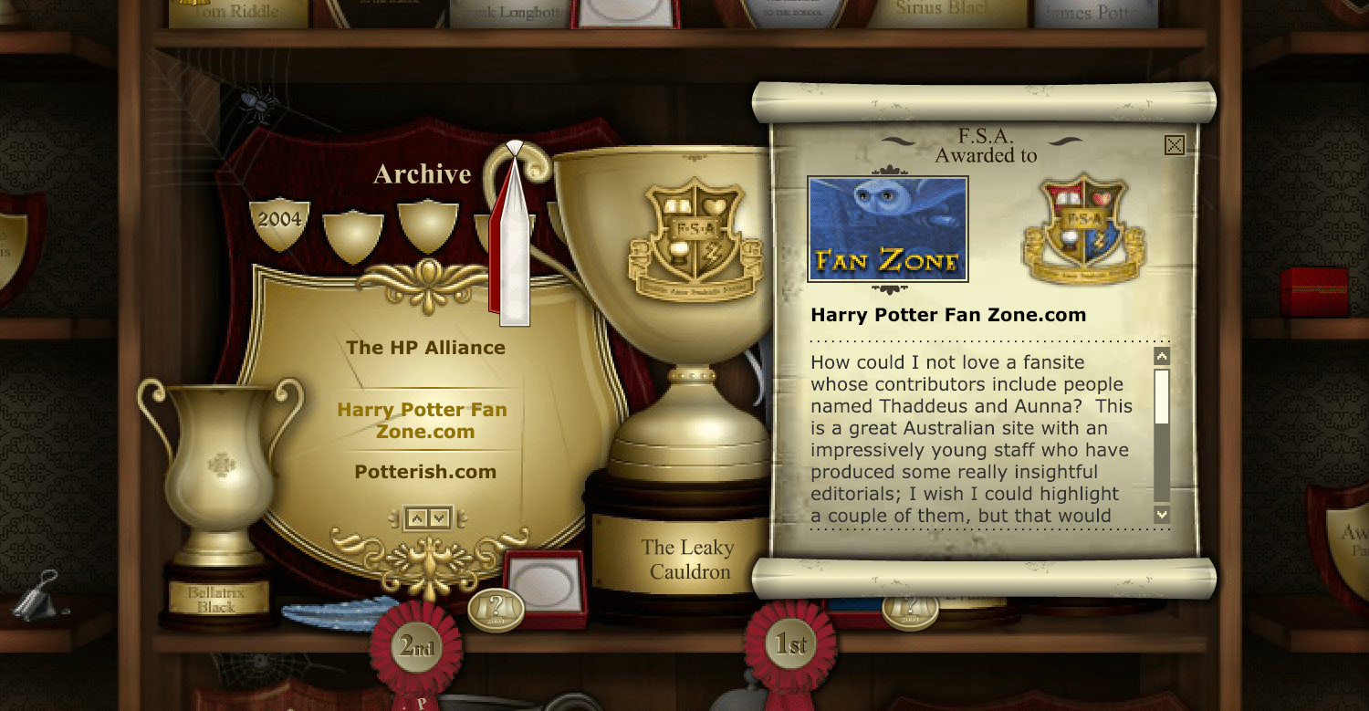 A screenshot of the ‘Fan Site’ section of J.K. Rowling’s website.