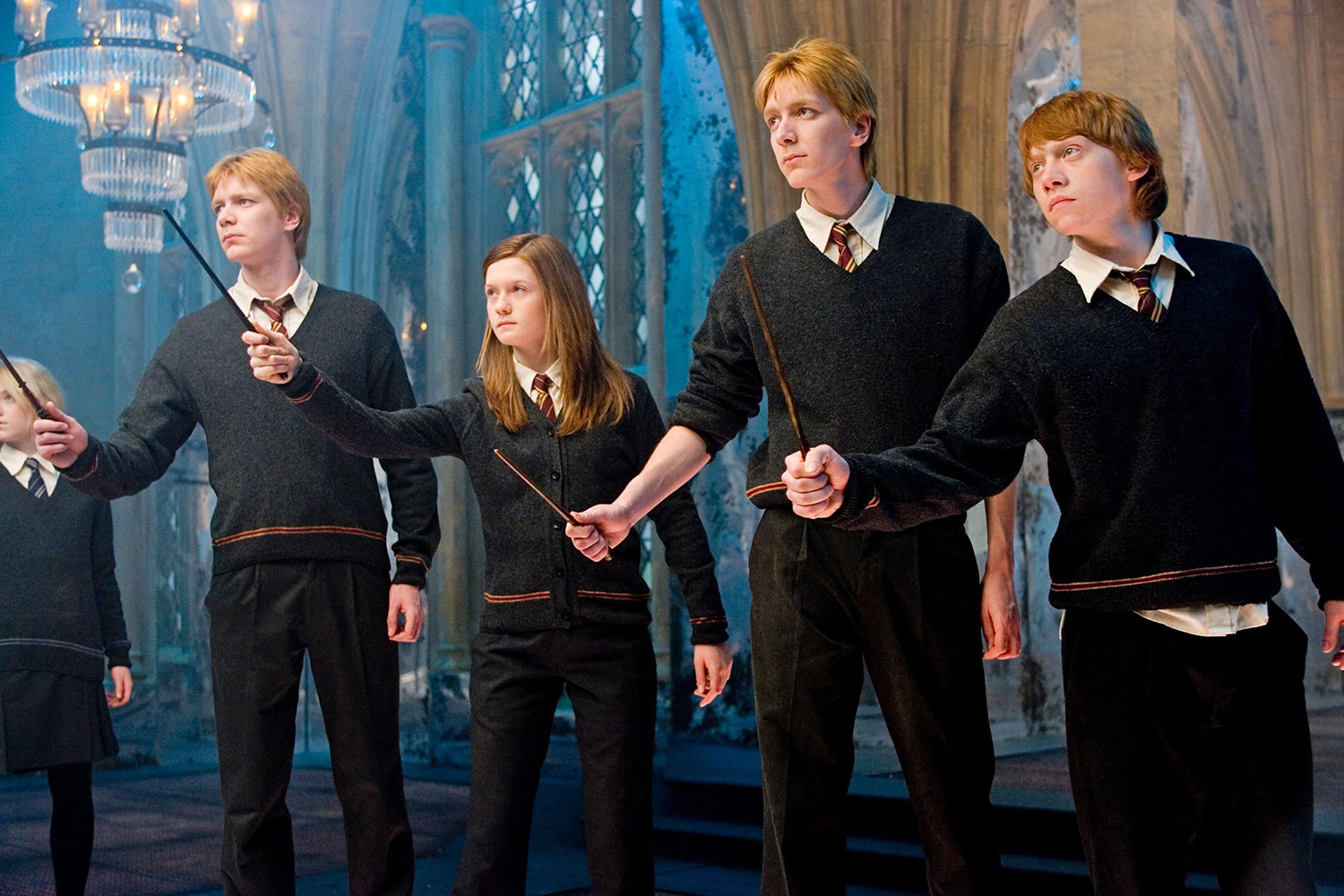 Luna, Fred, Ginny, George and Ron in the Room of Requirement