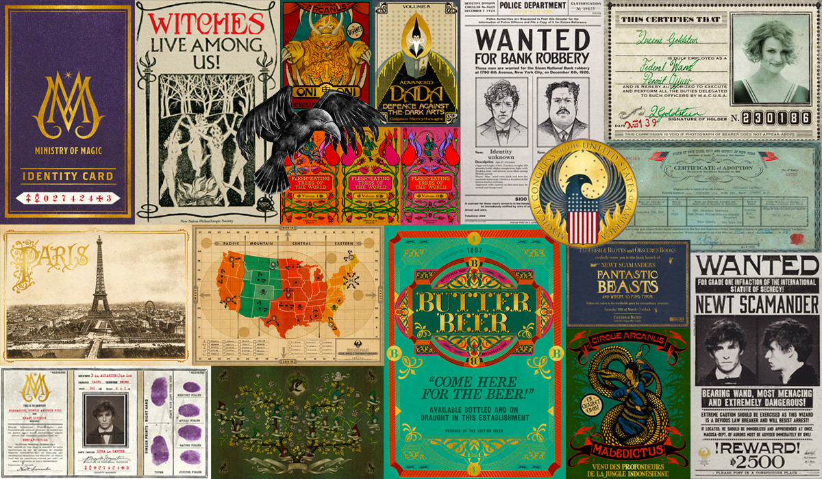 Collage of MinaLima 'Fantastic Beasts' graphic design