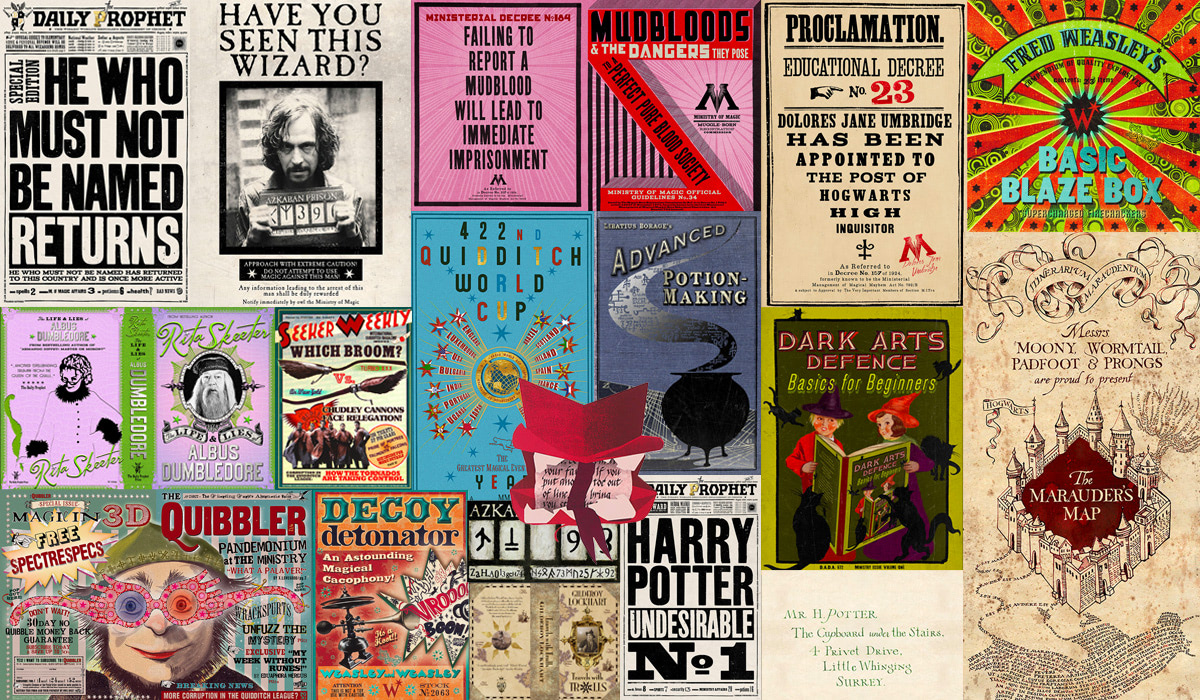 Collage of MinaLima 'Harry Potter' graphic design