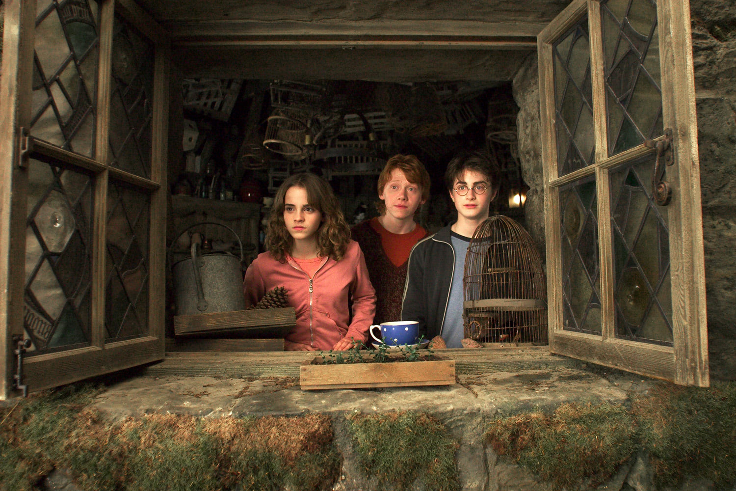 The trio look out of Hagrid’s Hut