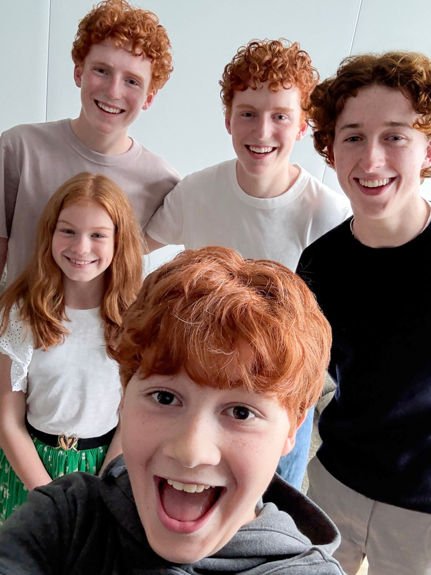 Tristan and Gabriel Harland (Fred and George Weasley), Ruari Spooner (Percy Weasley), Gracie Cochrane (Ginny Weasley) and Alastair Stout (Ron Weasley)