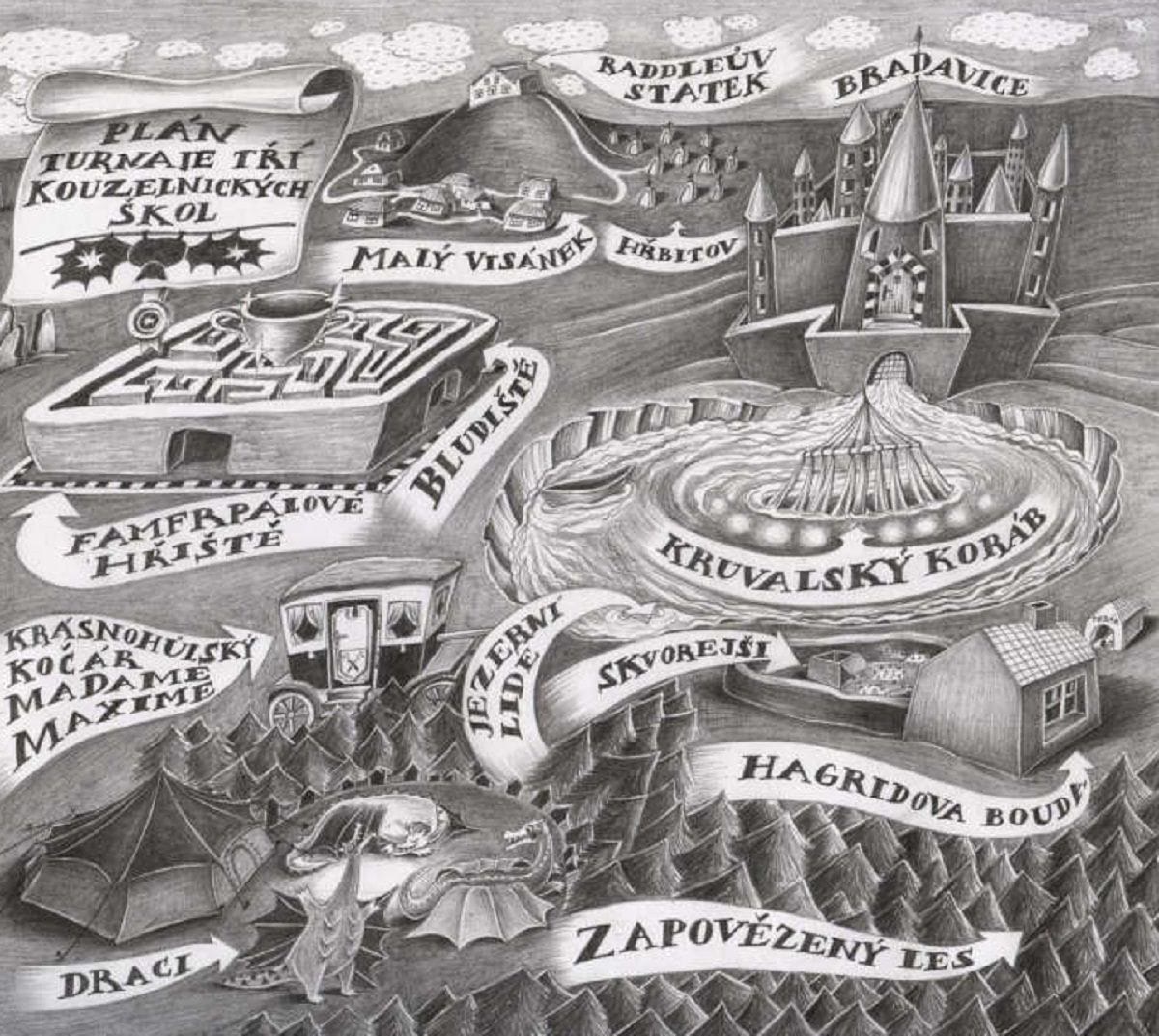 Triwizard Tournament map (Galina Miklínová illustration)
