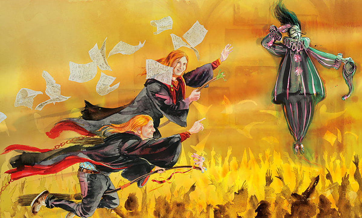 Peeves salutes Fred and George Weasley